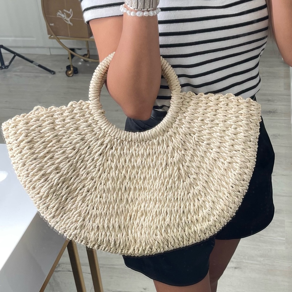 Raffia inspired beach round top handle tote handbag